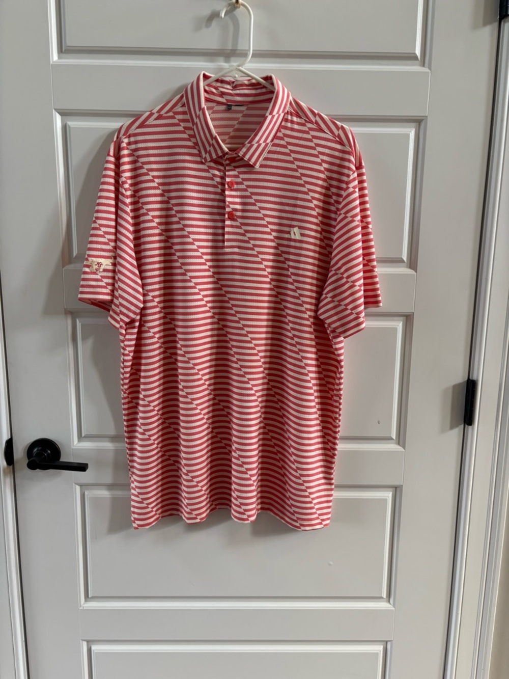 Adidas Golf Polo Shirt Men’s Large Pink White Striped Short Sleeve Performance